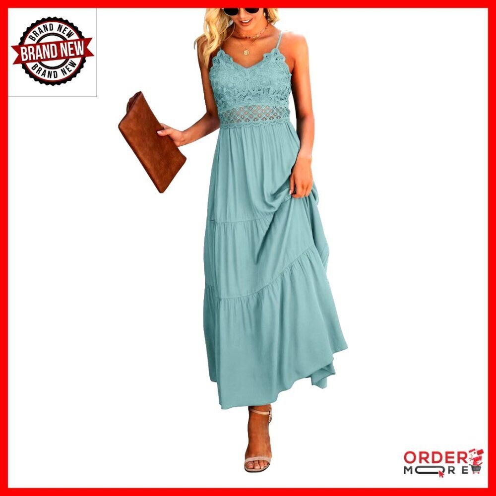 Crochet Lace Maxi Dress Spaghetti Strap Boho Elegant Summer Beach Formal